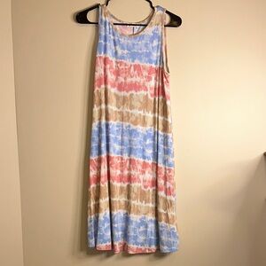 Elegant Tie-Dye Midi Dress in Blue, Pink, and Tan